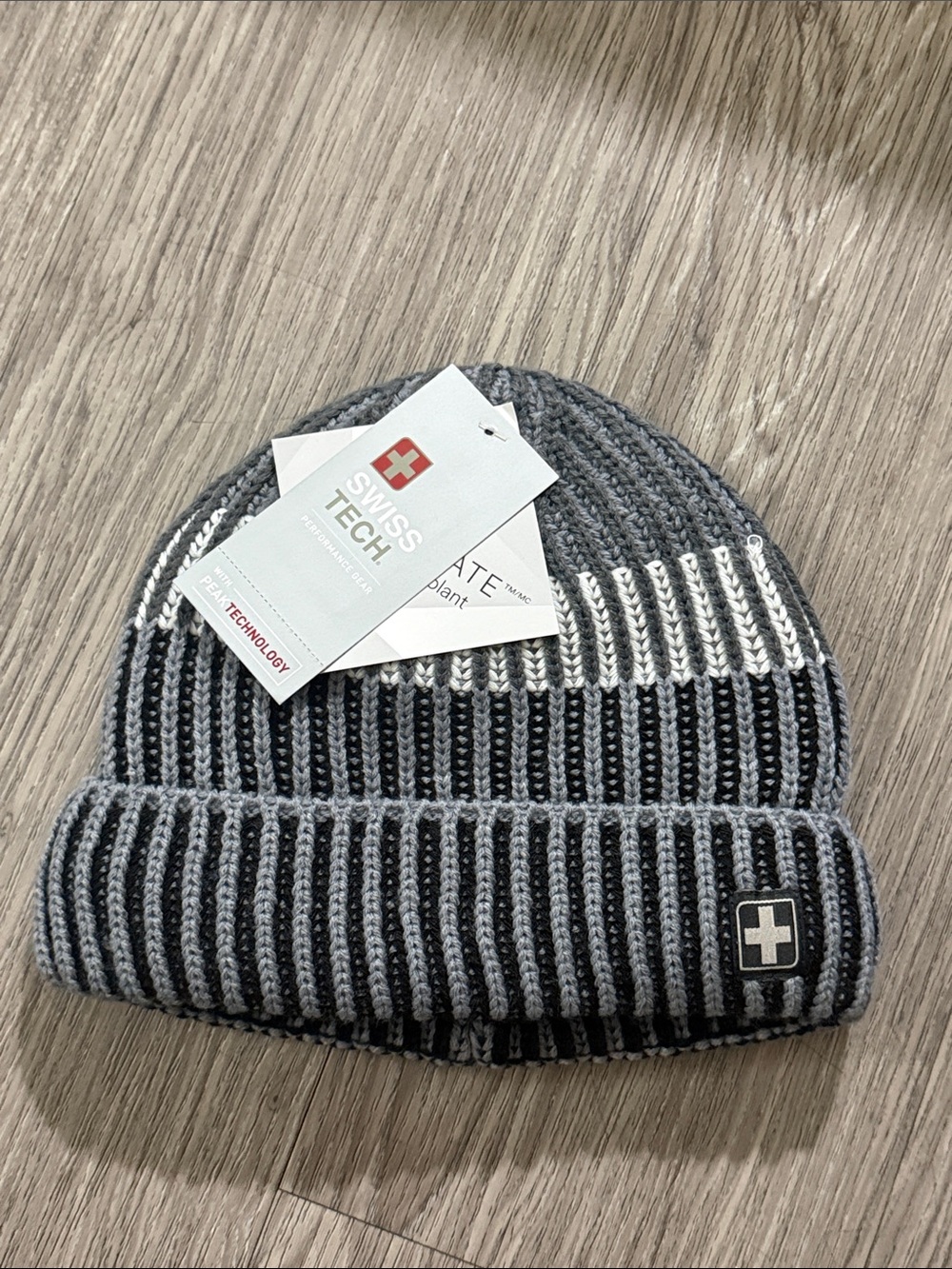 Swiss Tech Black & Gray Striped Knit Cuff Beanie size S
